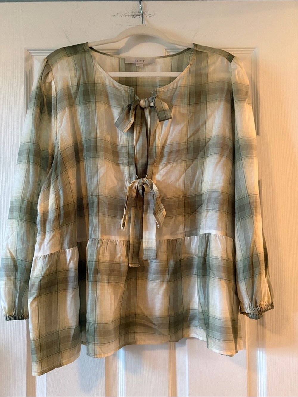 LOFT Green and Cream Plaid Tie-Front Tunic